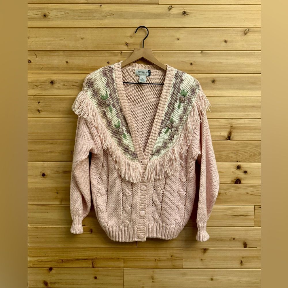 Vintage Diversity Size Large Coquette Girl Floral Fringe Baby Pink Cardigan